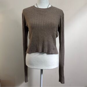 Nati Ribbed Knit Sweater Womens Large Brown Crew Neck Long Sleeve